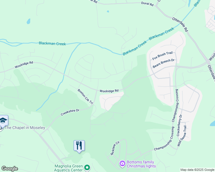 map of restaurants, bars, coffee shops, grocery stores, and more near 17743 Twin Falls Lane in Moseley