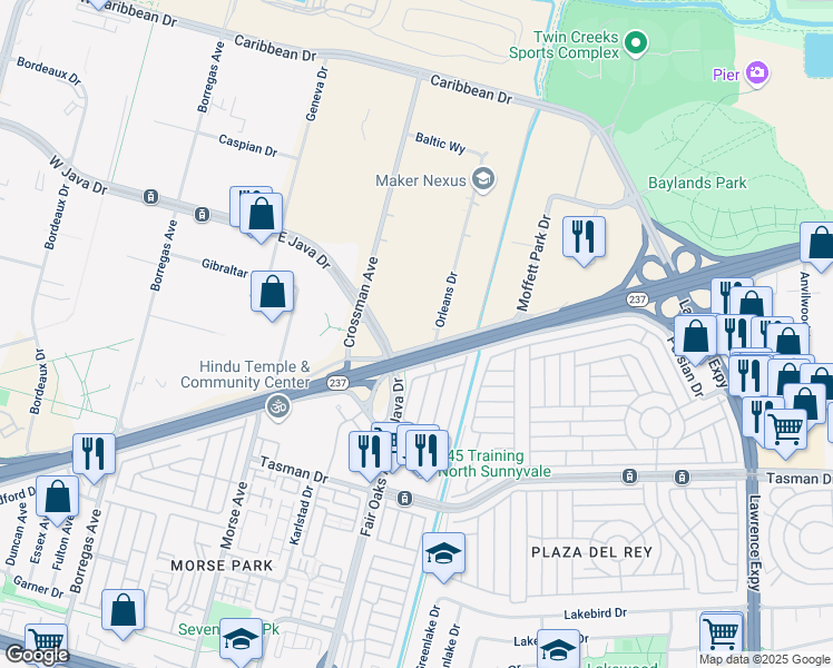 map of restaurants, bars, coffee shops, grocery stores, and more near 1255 Orleans Drive in Sunnyvale