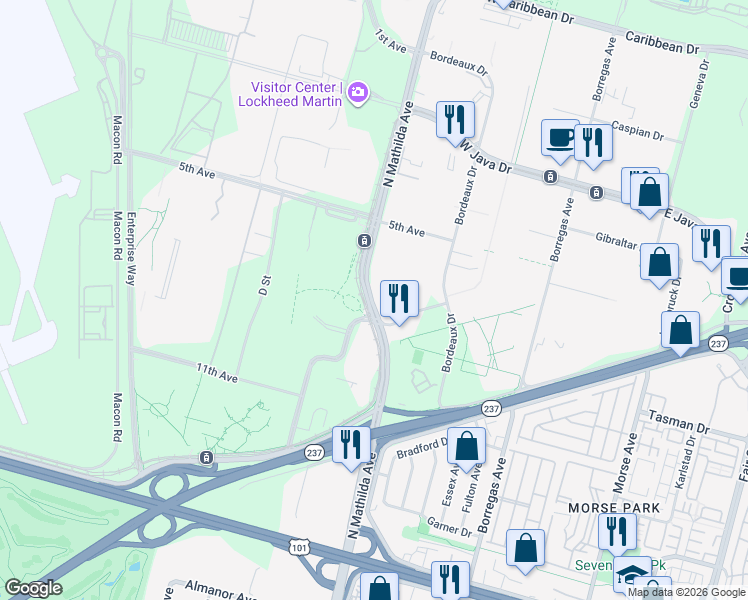 map of restaurants, bars, coffee shops, grocery stores, and more near 1160 North Mathilda Avenue in Sunnyvale