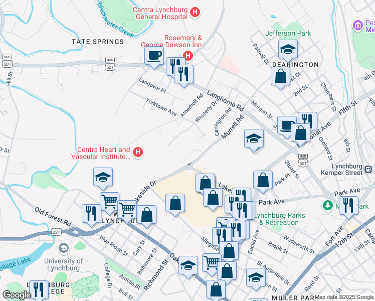 map of restaurants, bars, coffee shops, grocery stores, and more near 2249 Murrell Road in Lynchburg