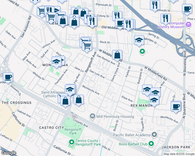 map of restaurants, bars, coffee shops, grocery stores, and more near 1983 San Luis Avenue in Mountain View