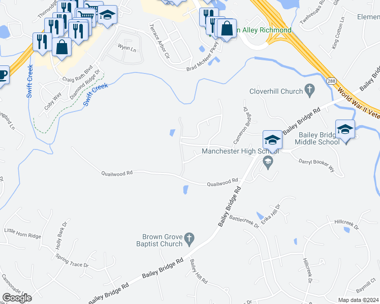 map of restaurants, bars, coffee shops, grocery stores, and more near 12607 Walking Path Court in Midlothian
