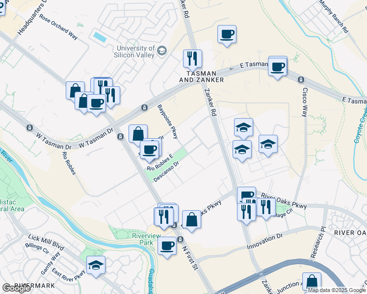 map of restaurants, bars, coffee shops, grocery stores, and more near Baypointe Parkway & Rio Robles East in San Jose