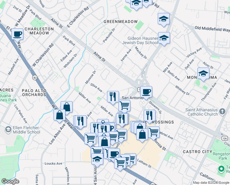 map of restaurants, bars, coffee shops, grocery stores, and more near 183 Del Medio Avenue in Mountain View
