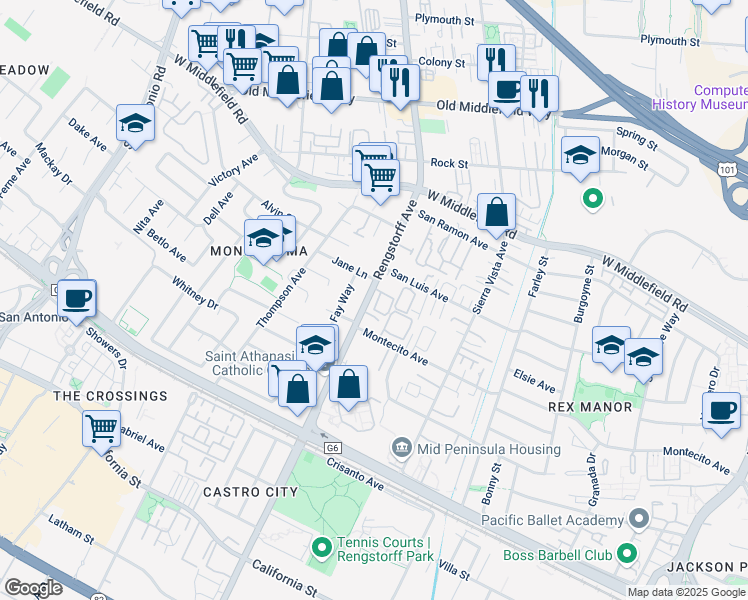 map of restaurants, bars, coffee shops, grocery stores, and more near 363 North Rengstorff Avenue in Mountain View