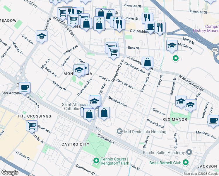 map of restaurants, bars, coffee shops, grocery stores, and more near 363 North Rengstorff Avenue in Mountain View