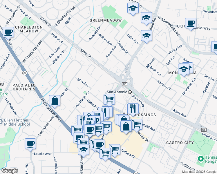 map of restaurants, bars, coffee shops, grocery stores, and more near 141 Del Medio Avenue in Mountain View