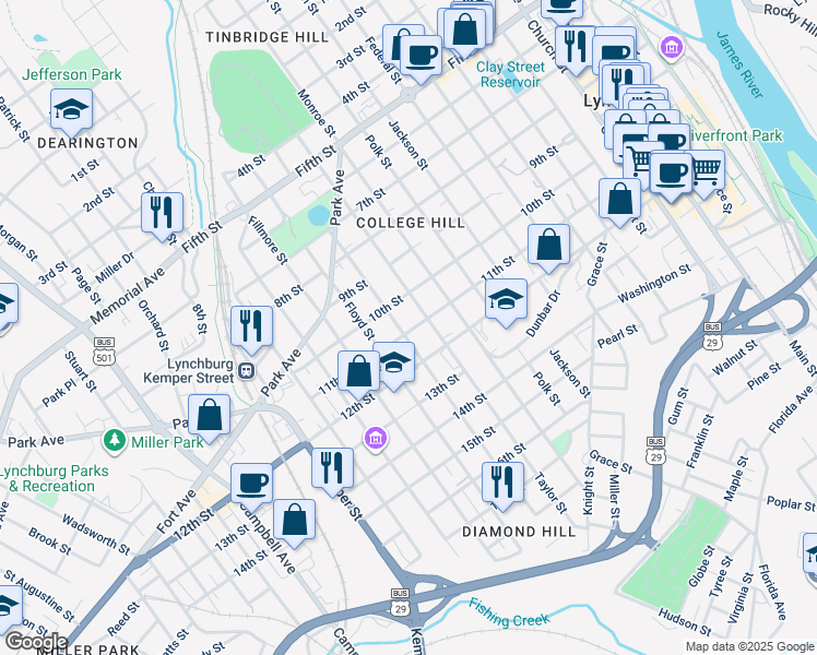 map of restaurants, bars, coffee shops, grocery stores, and more near 1011 Taylor Street in Lynchburg