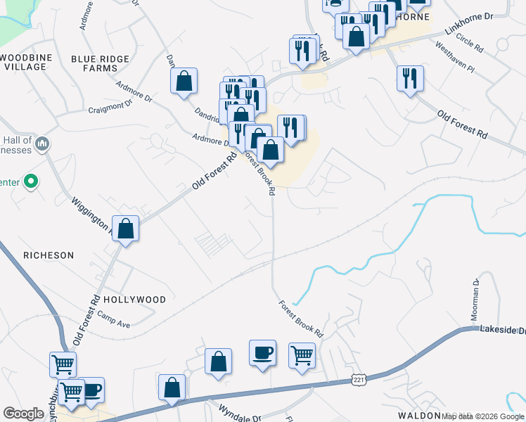 map of restaurants, bars, coffee shops, grocery stores, and more near 3221 Forest Brook Road in Lynchburg