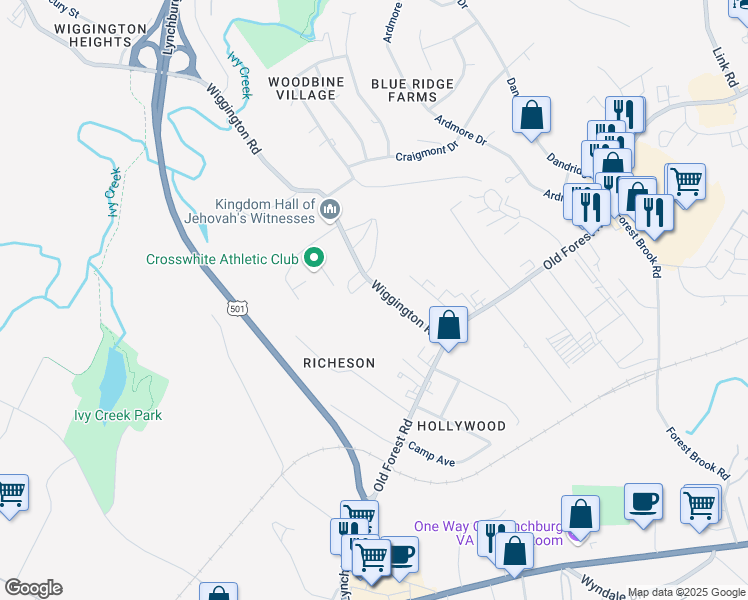 map of restaurants, bars, coffee shops, grocery stores, and more near 205 Wiggington Road in Lynchburg