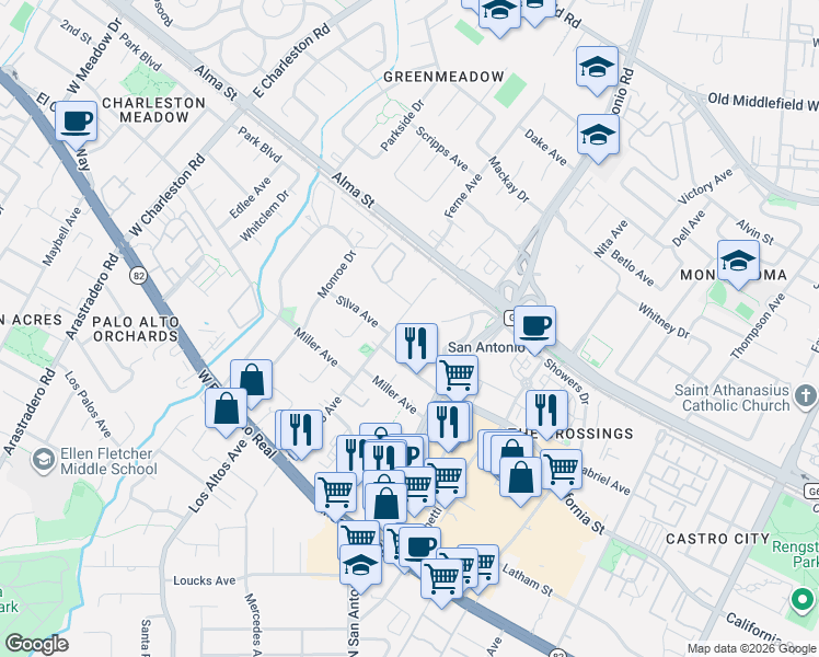 map of restaurants, bars, coffee shops, grocery stores, and more near 181 Del Medio Avenue in Mountain View