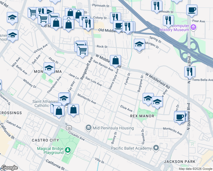 map of restaurants, bars, coffee shops, grocery stores, and more near 1938 San Luis Avenue in Mountain View