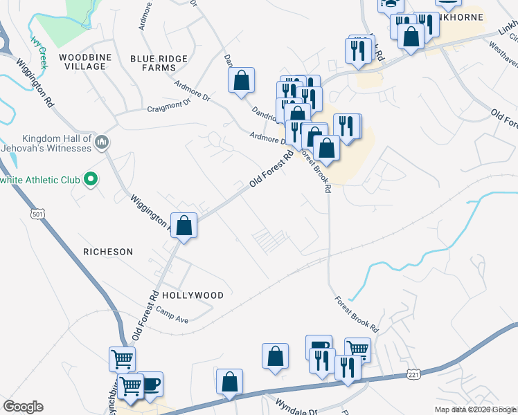 map of restaurants, bars, coffee shops, grocery stores, and more near 3611 Old Forest Road in Lynchburg
