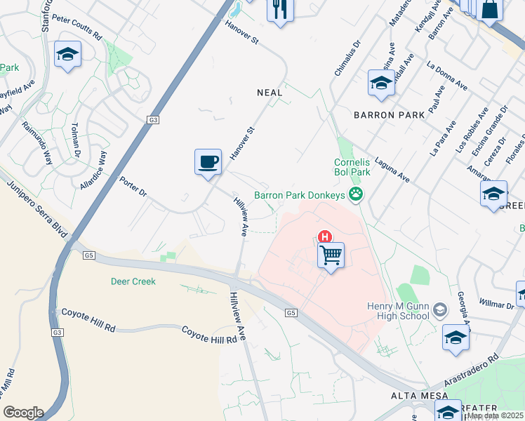map of restaurants, bars, coffee shops, grocery stores, and more near 3201 Hillview Avenue in Palo Alto