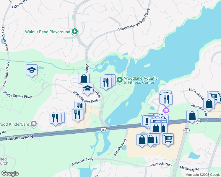 map of restaurants, bars, coffee shops, grocery stores, and more near 14720 Village Square Place in Midlothian