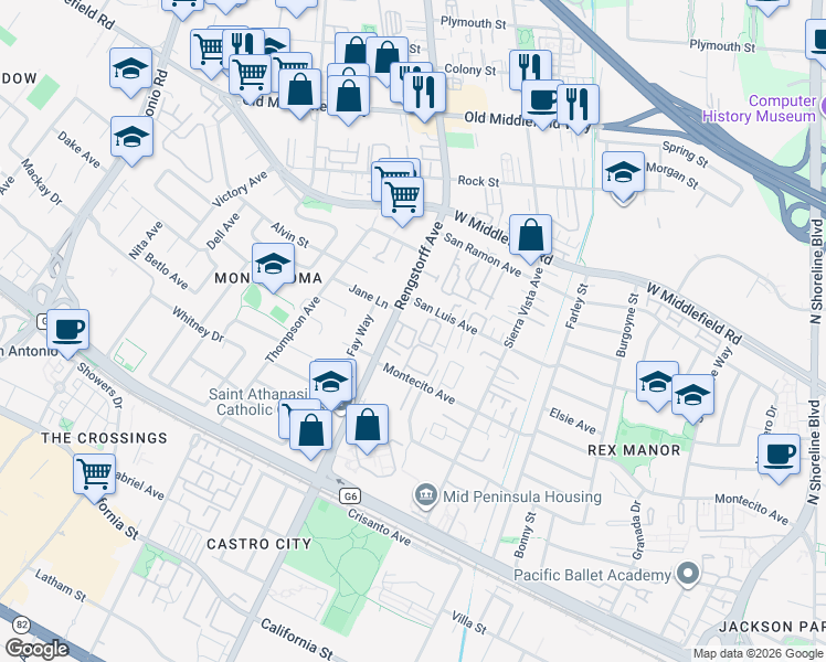 map of restaurants, bars, coffee shops, grocery stores, and more near 2020 Thea Circle in Mountain View