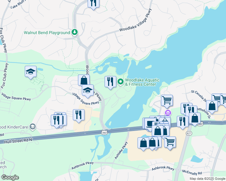 map of restaurants, bars, coffee shops, grocery stores, and more near 14720 Village Square Place in Midlothian