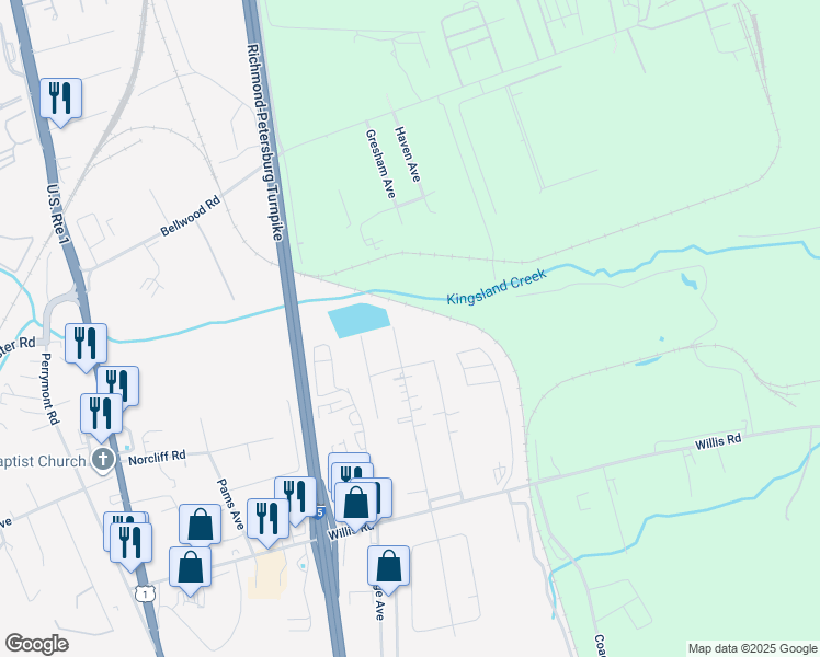 map of restaurants, bars, coffee shops, grocery stores, and more near 8801 Balland Street in Richmond