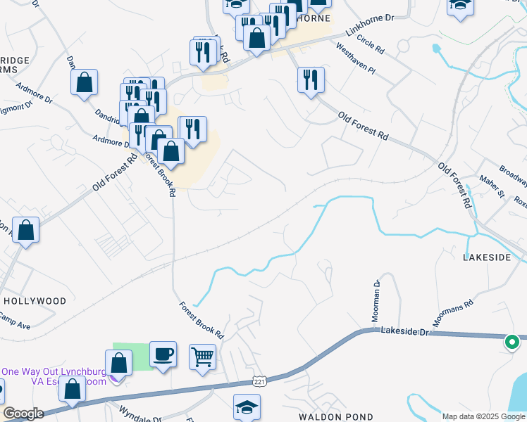 map of restaurants, bars, coffee shops, grocery stores, and more near 107 Adams Drive in Lynchburg