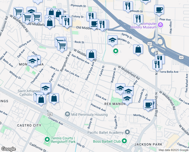 map of restaurants, bars, coffee shops, grocery stores, and more near 1905 San Ramon Avenue in Mountain View