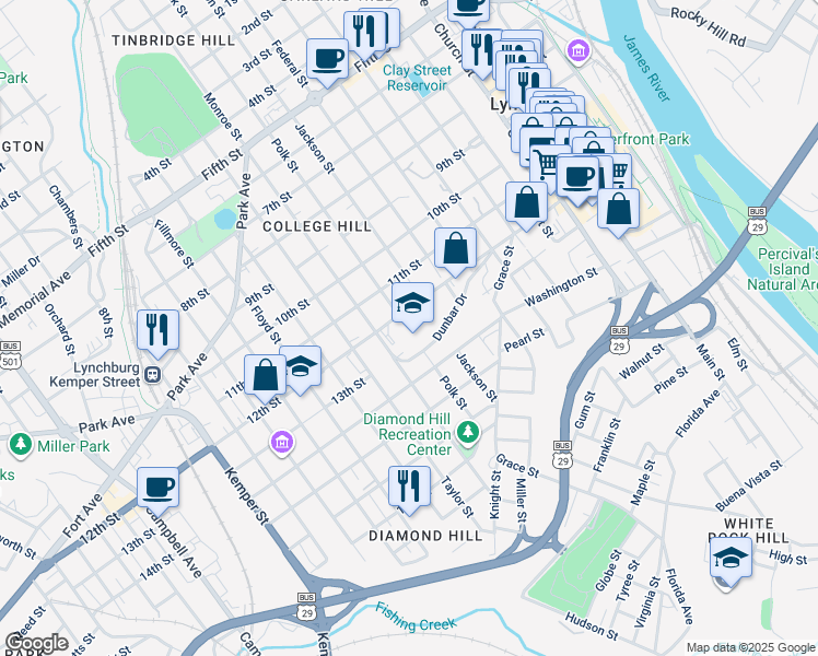 map of restaurants, bars, coffee shops, grocery stores, and more near 1200 Polk Street in Lynchburg