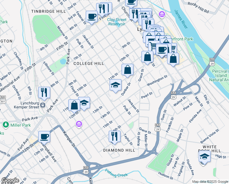map of restaurants, bars, coffee shops, grocery stores, and more near 1200 Polk Street in Lynchburg