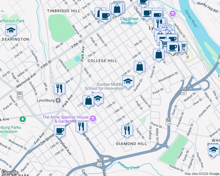 map of restaurants, bars, coffee shops, grocery stores, and more near 1103 Monroe St in Lynchburg