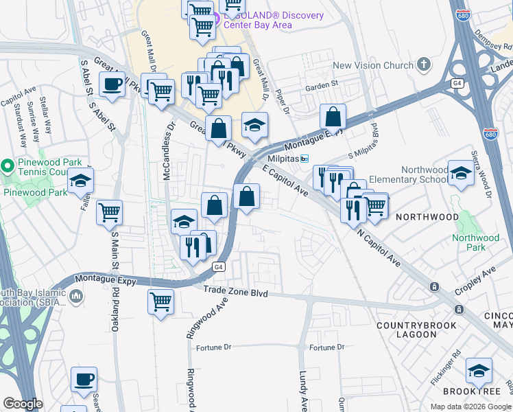 map of restaurants, bars, coffee shops, grocery stores, and more near 320 Riesling Avenue in Milpitas