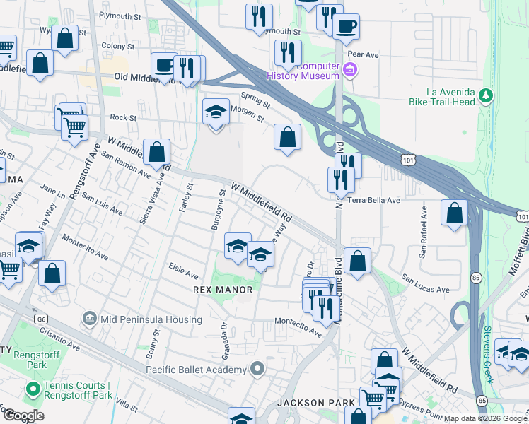map of restaurants, bars, coffee shops, grocery stores, and more near 1340 West Middlefield Road in Mountain View