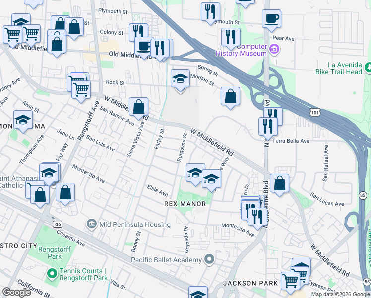 map of restaurants, bars, coffee shops, grocery stores, and more near 1205 Burgoyne Street in Mountain View
