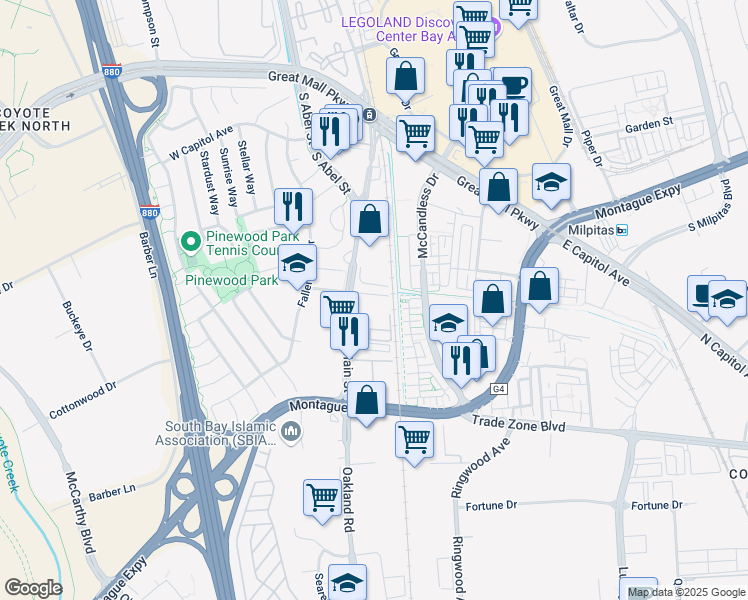 map of restaurants, bars, coffee shops, grocery stores, and more near 80 Cedar Way in Milpitas