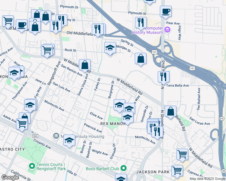 map of restaurants, bars, coffee shops, grocery stores, and more near 1205 Burgoyne Street in Mountain View