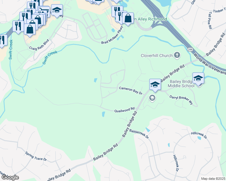 map of restaurants, bars, coffee shops, grocery stores, and more near 12755 Summerhouse Lane in Midlothian