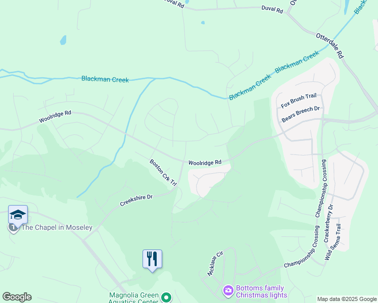 map of restaurants, bars, coffee shops, grocery stores, and more near 17743 Twin Falls Lane in Moseley