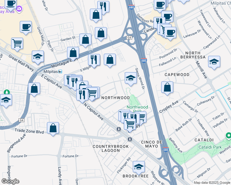 map of restaurants, bars, coffee shops, grocery stores, and more near 2679 Poplarwood Way in San Jose