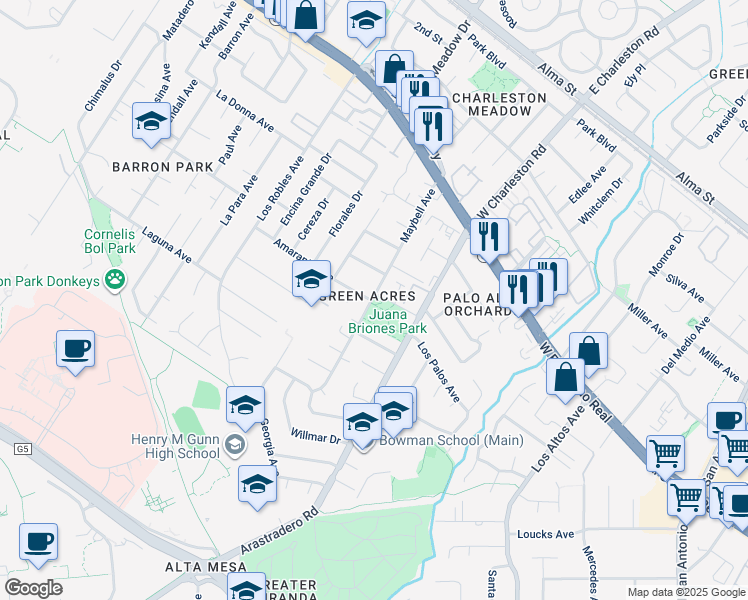 map of restaurants, bars, coffee shops, grocery stores, and more near 609 Maybell Avenue in Palo Alto
