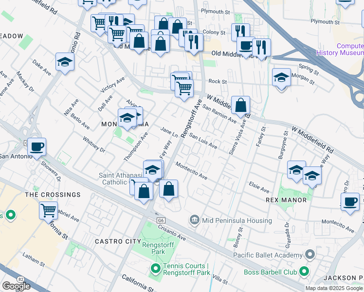map of restaurants, bars, coffee shops, grocery stores, and more near 347 North Rengstorff Avenue in Mountain View