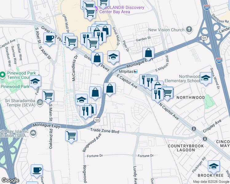 map of restaurants, bars, coffee shops, grocery stores, and more near 1625 Delano Street in Milpitas