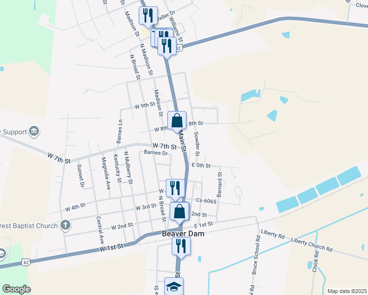 map of restaurants, bars, coffee shops, grocery stores, and more near U.S. Highway 62 in Beaver Dam
