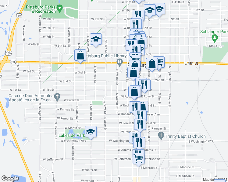 map of restaurants, bars, coffee shops, grocery stores, and more near 301 West 1st Street in Pittsburg