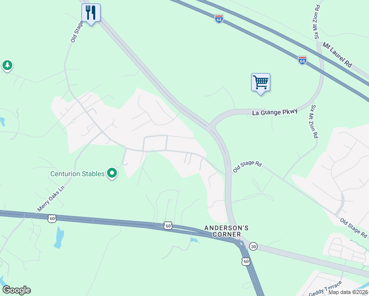 map of restaurants, bars, coffee shops, grocery stores, and more near 205 Highfield Drive in Toano