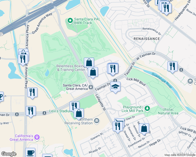 map of restaurants, bars, coffee shops, grocery stores, and more near 2300 Calle De Luna in Santa Clara
