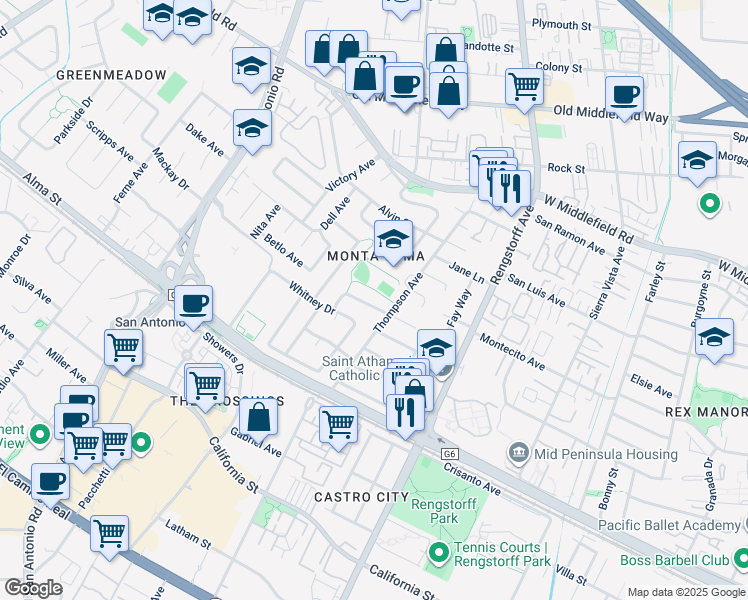 map of restaurants, bars, coffee shops, grocery stores, and more near 2416 Laura Lane in Mountain View