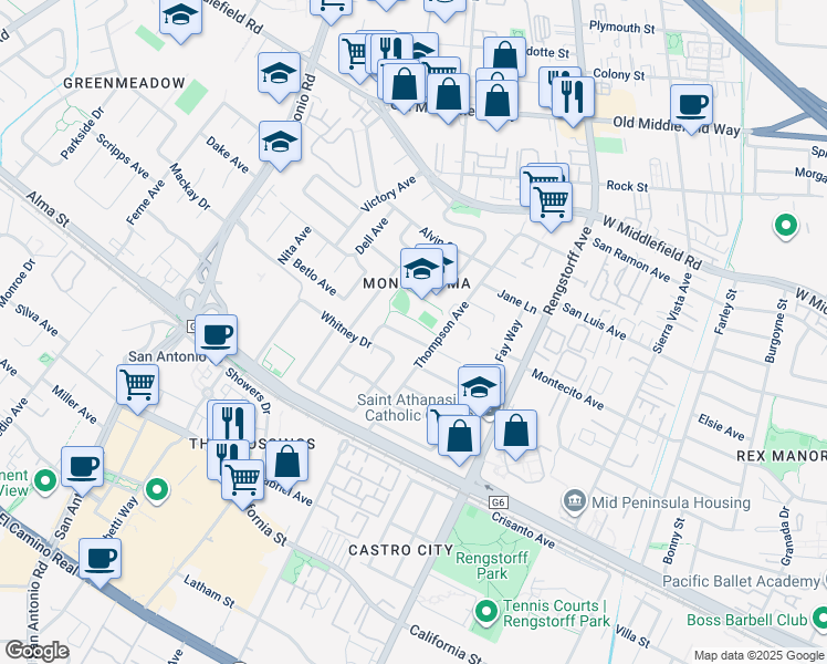 map of restaurants, bars, coffee shops, grocery stores, and more near 2416 Laura Lane in Mountain View