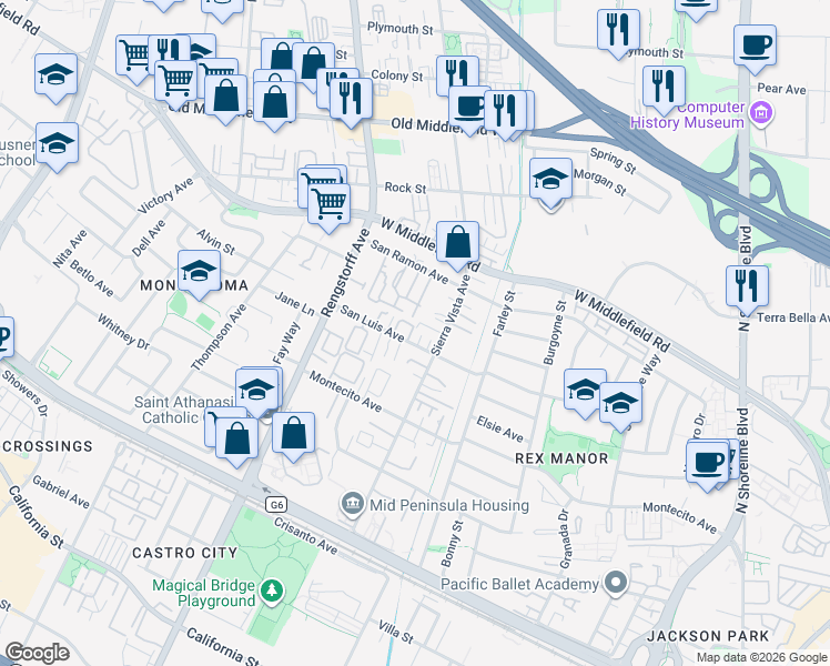 map of restaurants, bars, coffee shops, grocery stores, and more near 1946 San Luis Avenue in Mountain View