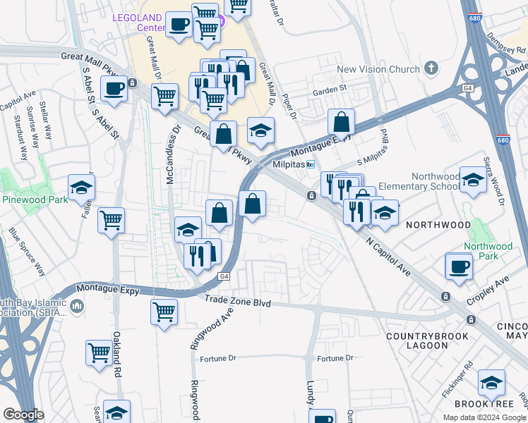 map of restaurants, bars, coffee shops, grocery stores, and more near 1625 Delano Street in Milpitas