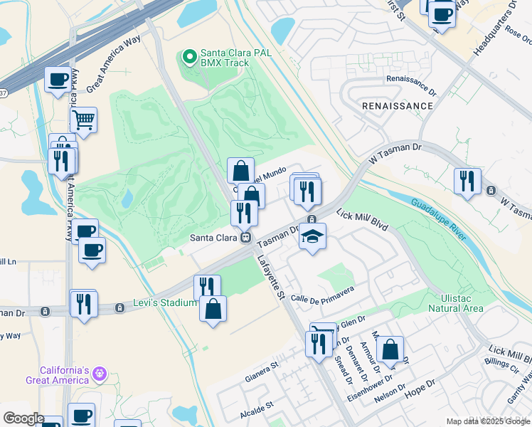 map of restaurants, bars, coffee shops, grocery stores, and more near 2317 Calle De Luna in Santa Clara