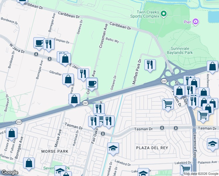 map of restaurants, bars, coffee shops, grocery stores, and more near 1277 Orleans Drive in Sunnyvale
