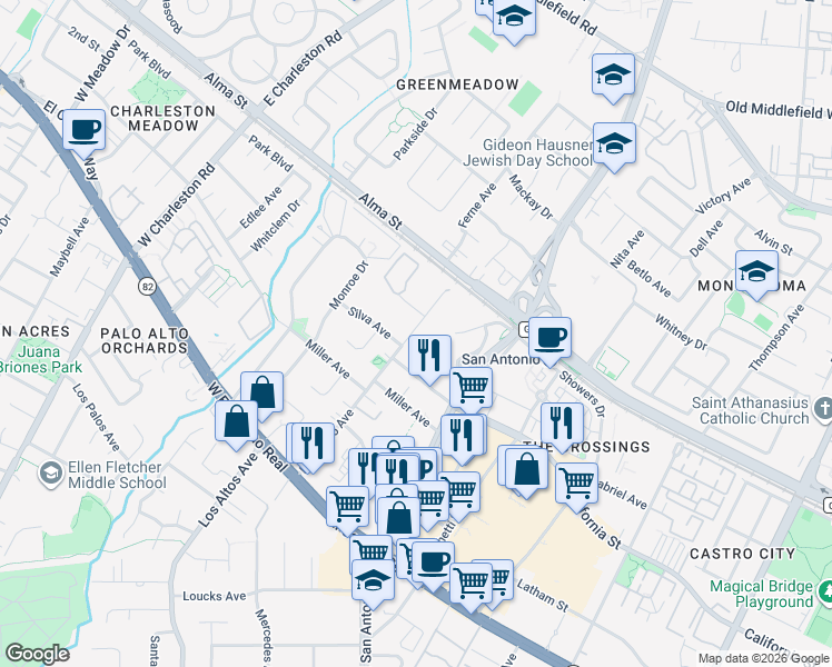 map of restaurants, bars, coffee shops, grocery stores, and more near 181 Del Medio Avenue in Mountain View