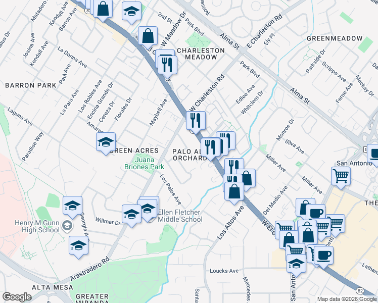 map of restaurants, bars, coffee shops, grocery stores, and more near 4230 California 82 in Palo Alto